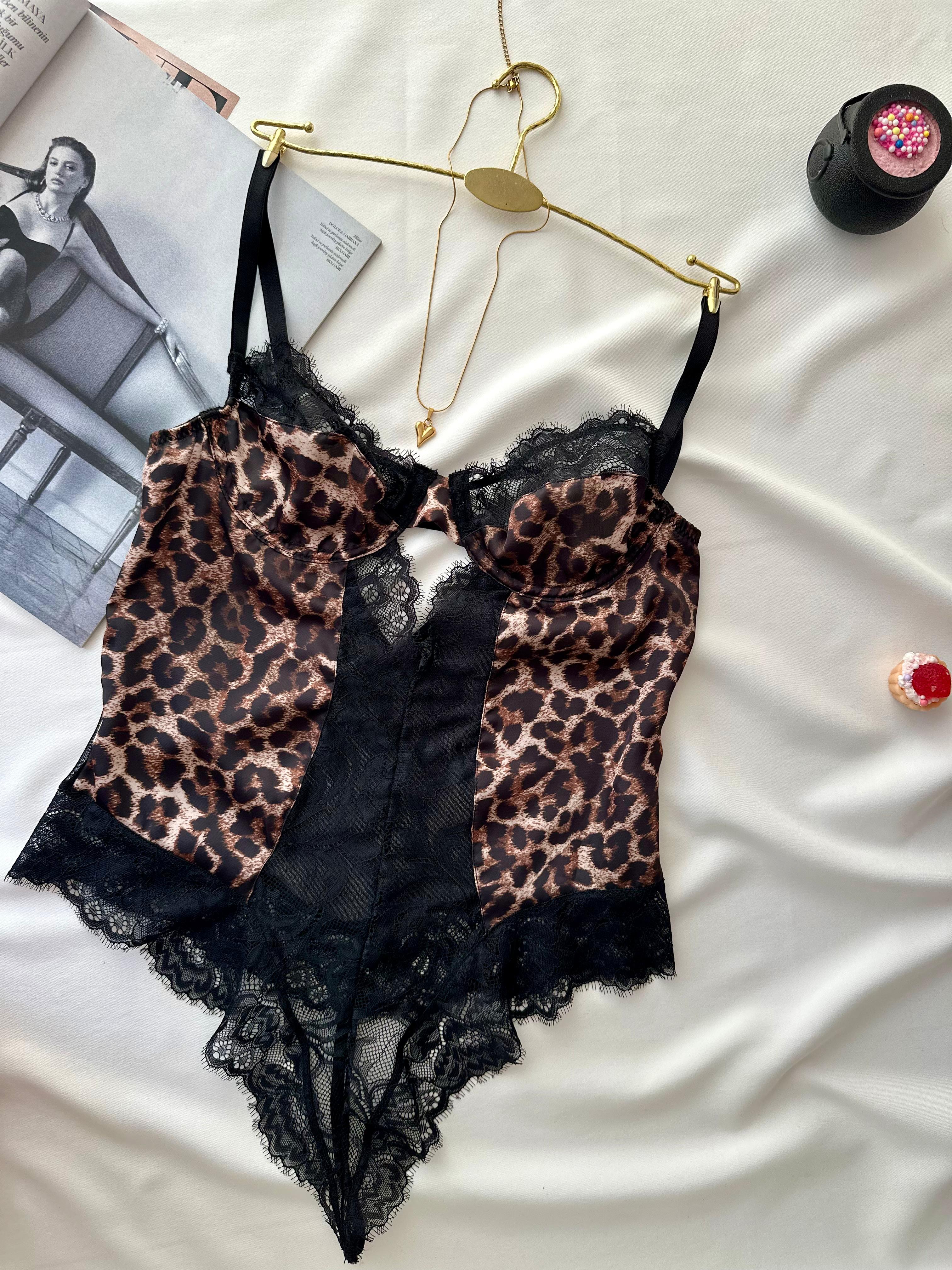 Leopar Desenli Balenli Bodysuit